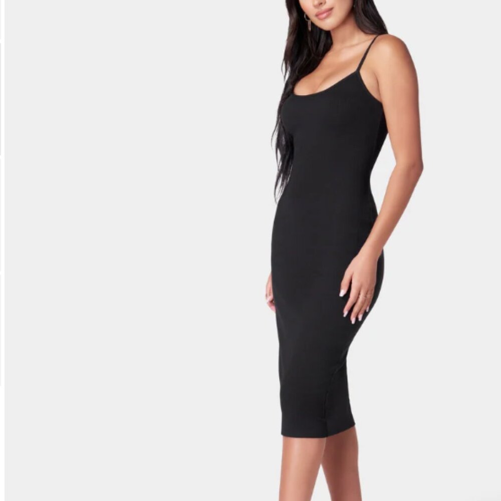 Bebe Black Ribbed Midi Dress Bodycon #107075 Size S NWT